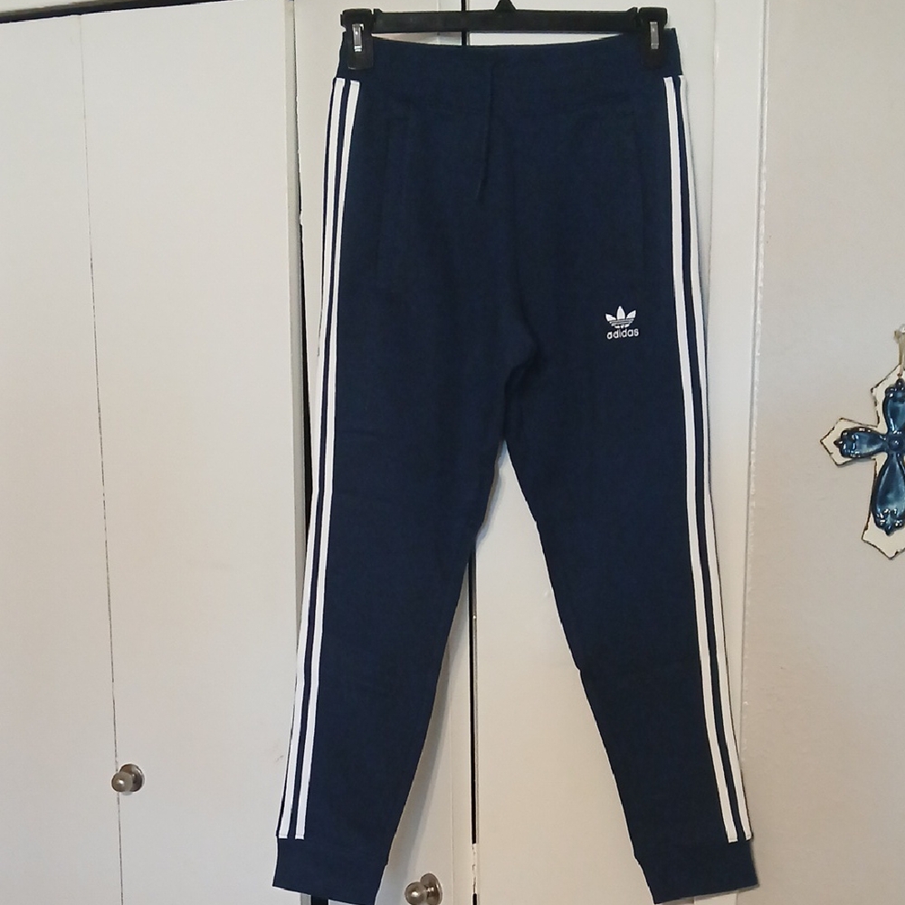 Adidas Mens Dark Blue Joggers with White Stripes